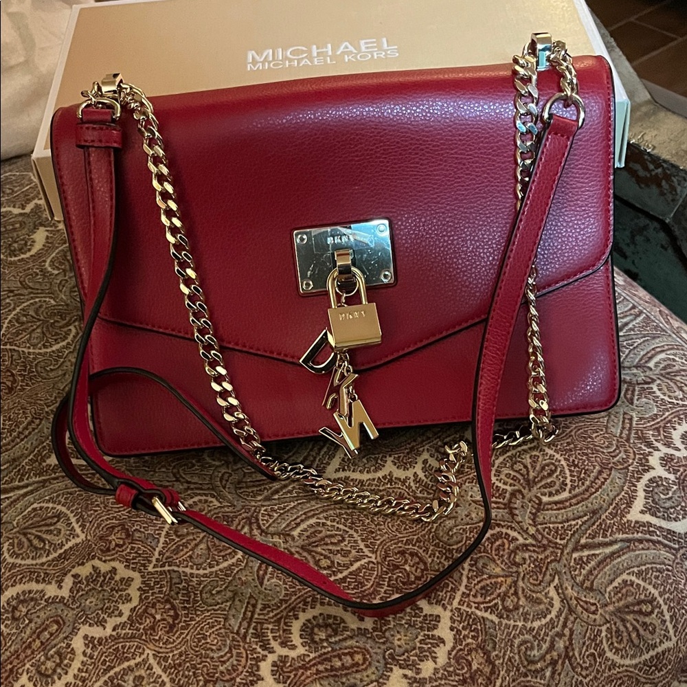DKNY Red Crossbody Bag with Gold Chain